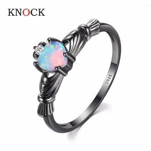 Cluster Rings KNOCK High Charming Heart Shape Fire Opal For Women Wedding Band Vintage Black Filled White Ring