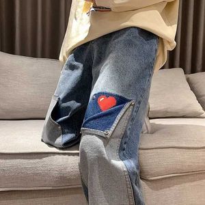 Men's Jeans Retro straight leg bagged jeans vintage autumn pants loose denim pants heart-shaped design wide leg pants J240328