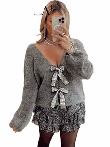 Trafza Donna Fi Frt Paillettes Fiocco Cardigan Maglione Lg Manica con scollo a V Cappotto in maglia Maglioni grigi Donna Streetwear W5B5 #