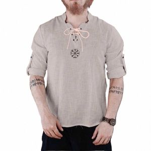 Fi Medieval Pirate Linen Top Shirt Men Nordic T-shirt Cosplay Lace-Up Tee Bordado Gola Lg Mangas Camisas E16w #