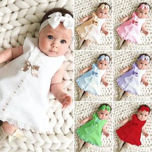 Kläder set maxi bowdress pannband set borns baby flicka ärmlös outfit bowknot ruffle röda kläder sommarklänningar för flickor 2024