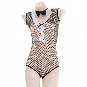 anilv Women Fishnet Mesh Bodysuit Bunny Girl Costume Rabbit Ears Bodyc Maid Uniform Outfit Set Cosplay v3Nx#