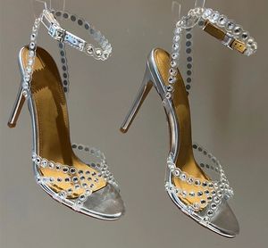 Bling bling crystal sandaler för kvinnor silver höga klackar strappy pärlor brud bröllop klänning skor damer pumpar sexig pvc stilett storlek 35-42