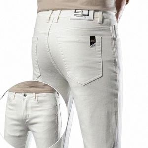 2023 novo estilo masculino jeans branco verão cott busin estiramento fino ajuste denim calças novas calças casuais masculino marca jeans l6y7 #