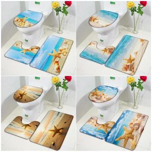 Tappetini Spiaggia Stella Marina Tappetino da bagno Set Oceano Conchiglia Stella marina Onde del mare Natura Paesaggio Arredamento bagno Tappeto Tappeti antiscivolo Copri coperchio WC