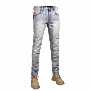 fi Vintage Men Jeans High Quality Retro Light Blue Elastic Slim Fit Ripped Jeans Men Embroidery Designer Denim Pants Hombre b4jv#