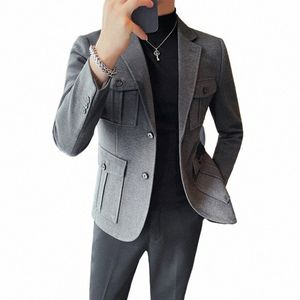 Winter Woolen Suit Jacket för män flera fickor Slim Fit Casual Busin Blazers Masculino Wedding Streetwear Social Coats W0Q8#