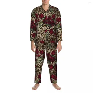 Hemkläder pajamas man röda rosor sömn nattkläder leopard tryck 2 stycken estetisk pyjama set långa ärmar romantisk överdimensionerad kostym