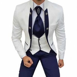 Ternos masculinos brancos de luxo casamento blazer único breasted tecido jacquard comprimento regular formal 3 peça jaqueta calças colete fino ajuste z65K #