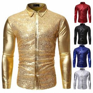 Męska koszula metaliczne cekiny błyszczące koszula Mężczyzna rękaw Lg Butt w dół lapel Slim Shirt Disco Party Halen Costume Chemise W0HS#