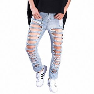 hål jeans mäns sommartrend nio poäng byxor tidvatten varumärke stort hål överdrivna superhål denim byxor high street z44m#