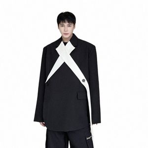 men Net Celebrity White Splice Collar Streetwear Fi Show Suit Jacket Blazer Male Stage Clothing Japan Korean Blazer Coat K5hV#