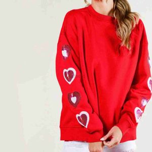 Kadın Hoodies Sweatshirts Sevgililer Günü Kadınlar Sevimli Glitter Kalp Uzun Kol Yuvarlak Boyun Altılar Büyük boyutlu üstler 24328