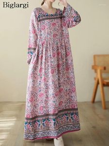 Casual Dresses Spring Autumn Long Pink Flower Fashion Oversized Ladies Floral Sleeve Dress Women Loose Pleated Woman