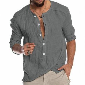 2024 Herren Casual Cott Leinenhemd Mock Neck Solid LG Sleeve Lose Top Frühling und Sommer Hübsche Fi Shirts e0gV #