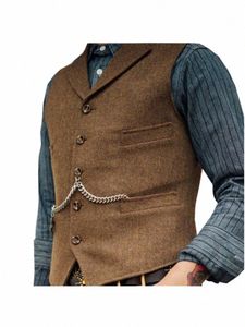 Jas Suit Vest Brown Wool Wool Tweed Busin Kurtka kamizelka swobodna Slim Fit Gilet Homme Kamizelki na groosmen Man Wedding H5v2#