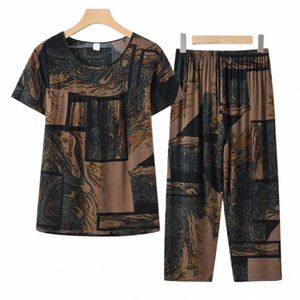 2 Pcs / Set Trendy Two Piece Suit Mid-aged T-shirt Pants Set O Neck Colorido Fr Imprimir Mid-aged Night Clothes Slee 46rp #