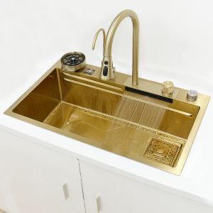 Ställer in Gold Kitchen Sink Multifunktion Kitchen diskbänk vattenfall rostfritt stål diskbänk vattenfall kran kök tillbehör för kök