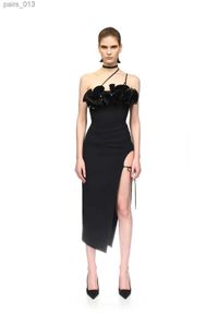 Basic Casual Dresses Black Flower Appliques Sexy High Split Bandage Dress One Shoulder Sleeveless Midi LuxuryCelebrity Evening Runway Party yq240328