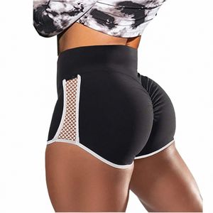 Yüksek bel tarafı içi boş spor şort kadın dikiş esnek pantolon artı boyutu ince fit siyah kısa pantolonlar egzersiz yoga d78c#