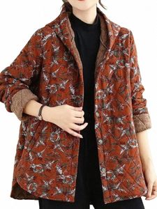 women's Ethnic Style Floral Hooded Lg-sleeved Single Breasted Coat Loose Vintage Casual Keep Warm Wide-waisted Cott Jacket d4Ic#
