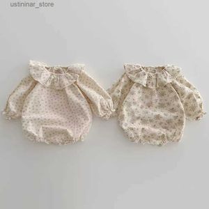 Camisetas 2024 primavera novo bebê manga curta floral bodysuit babados colarinho recém-nascido criança algodão macacão infantil menina princesa roupas24328