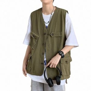 Coletes Homens Coletes Carga Roupas Multi Bolsos Adolescentes Estudantes All-Match Estilo Japonês High Street Hipsters Pure Baggy V-neck w3CO #