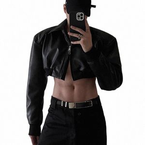 iefb Men Jacket PU Leather Shoulder Pad Autumn Designer Short Zipper 2023 Turn-down Collar Male Coat Temperament Top 9A4965 W5Au#