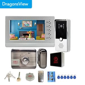 Cortinas dragonsview sistema de intercomunicação de campainha de vídeo porteiro 7 Polegada 1000tvl com fechadura eletrônica 12v/3a controle de acesso de porta elétrica