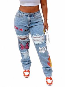 lw farfalla lettera stampa denim alla moda senza stretch jeans strappati solidi pantaloni dritti skinny fi scava-out da donna w5FK #