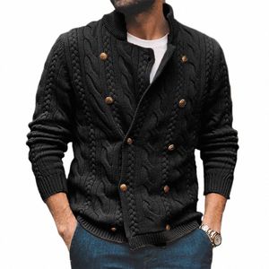men Casual Lg Sleeve Half High Collar Double Breasted Coats Sweater Weaving Knit Korean Academy Style Men's Cardigan Sweaters t21D#