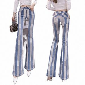 Frühling INS Streifen Jeans Frauen Mittlere Taille Flares Hosen Damen Ctrast Farbe Hosen Für Frauen Fi Getäfelten Pantales Mujer l1rL #