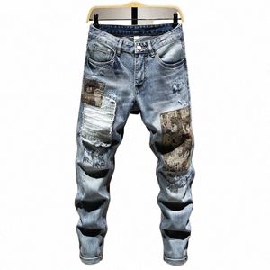 2023 Spring och Autumn New Fi Trend Ripped Elastic Slim Ben Men's Casual Bekväma andningsbara högkvalitativa jeans 28-36 48cl#