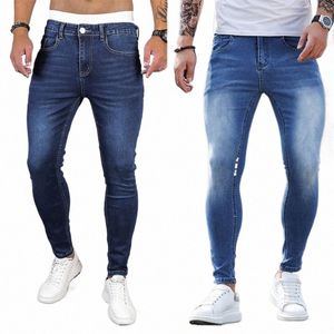 2023 Nya mäns stretch mager jeans blå fast färg elastiska klassiska jeans män smala fi denim byxor manliga streetwear e510#
