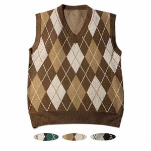 Retro Argyle Plaid mönster Knitwear V Neck Women Sticked Waistcoat ärm tröjor Vest för män lila grön brun grå e4lw#