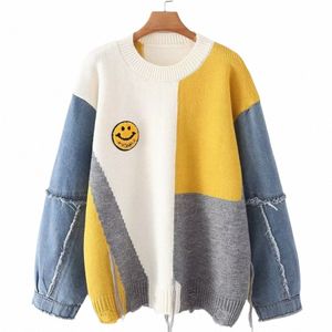 omchion Sueter Feminino 2023 Korean Style Women Embroidery Sweater Casual Loose Elegant Smile Demin Patchwork Pullover G4fe#