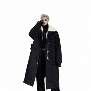 Männer Winter Splice Lammwolle Kragen Lose LG Parka Mantel Cott Gepolsterte Graben Mantel Männlich Streetwear Vintage Jacke Oberbekleidung f0zT #