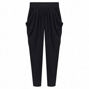 Plus Size 8XL 140kg Mulheres Harem Pants Alta Cintura Elástica Plissada Calças Bolsos Finas Senhoras Tornozelo Comprimento Calças Soltas 87kw #