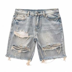 Knälängd Distraed Denim Shorts Men Summer Distred Denim Shorts Straight Fit Ripped Holes Kne Längd Jeans med Multi B7O9#