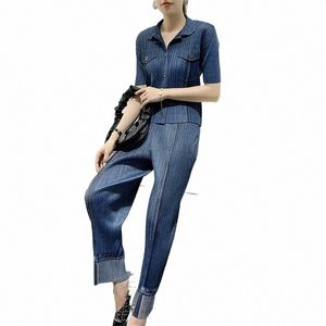 miyake Pleated Denim Suit 2022 Spring Summer New Short Sleeves Short Coat High Waist Casual Pants Fi Two-Piece Suit Women c5LM#