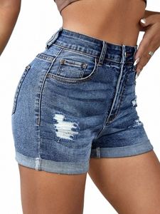 2023 Summer New Women's Mid-Waist Ripped Denim Shorts Fi Sexy Elastic Rolled Skinny Jeans Shorts S-2XL Drop Ship H4v4#