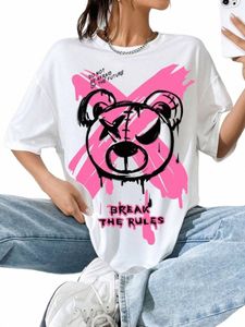 break The Rules X Doodle Bear Printing tees Cott Women T-Shirts Casual Soft Short Sleeve Tops Loose Comfortable Street Clothes e1fV#