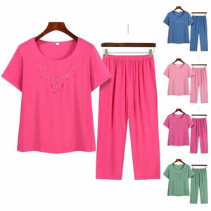 2pcs/set Cott Linen Middle-aged Casual Tops Pants Sets Embroidery Fr Print O-neck Short Sleeve Wide Leg Mother Outfits F6OL#