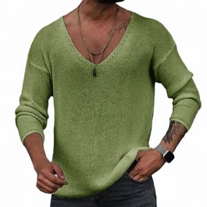 Män 2023 Spring V Neck Rib Bottoming T-shirts Pullover Autumn LG Sleeve Slim Fit Tees Tops Simple Casual Plain Thin Knit Shirt N8up#