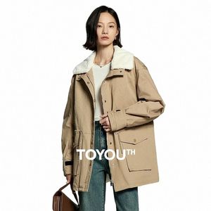 Toyouth Women Trench Coat 2023 Winter LG Sleeve Plush Lapel Rooles Thick Jacket Drawstring Wistband fi Khaki Outwear s3pa＃