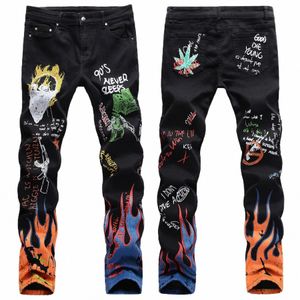 men Letters Flame Printed Patterned Jeans Slim Straight Stretch Fiable Graffiti Punk Rock Streetwear Hip Hop Jeans Pants g0nM#