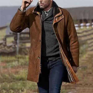 남자 가죽 가짜 가죽 남성 스웨이드 재킷 검은 중간 길이 가을 두께 따뜻한 재킷 옷깃 칼라 긴 슬리브 캐주얼 슬림 남자 재킷 2023 240330
