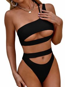 2024 New Solid Cut Out Two Pieces Swimwear Beachwear Mokini One Shoulder Bathing Suit Women Summer Swimsuit Brazilian Thg i2Rz#