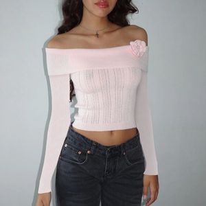 Gaono Women's Knit Flower Decro Crop Tops Basic Solid Color Off Shoulder Leng Sleeve Tシャツクロップドセーターコテージストリート240318