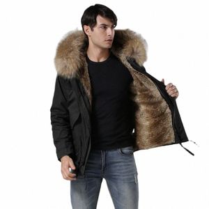 army Green And Black Shell Parka With Faux Fur Lining Short Coat For Men Winter Jacket With Racco Fur Collar 38mn#